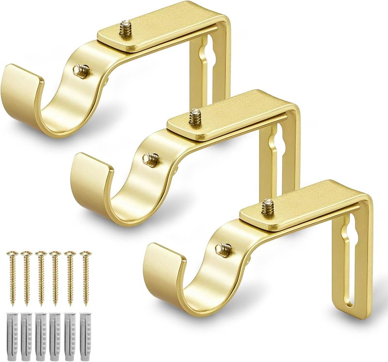 LLPJS Curtain Rod Bracket Adjustable, Drapery Rod Holder Hooks Support Hangers for 1 inch Diameter Window Curtain Rods (Warm Gold, 3-Pack) - Image 1